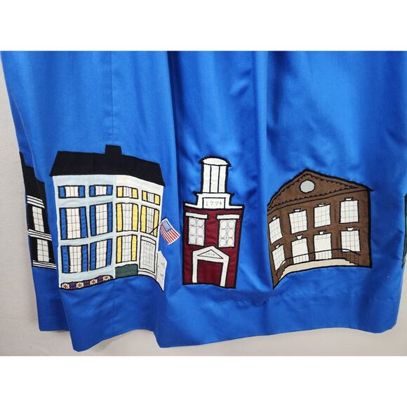 Whimsical Blue Skirt with Appliqué Cityscape Hem, Gathered Waist, Artistic Urban - Picture 4 of 7